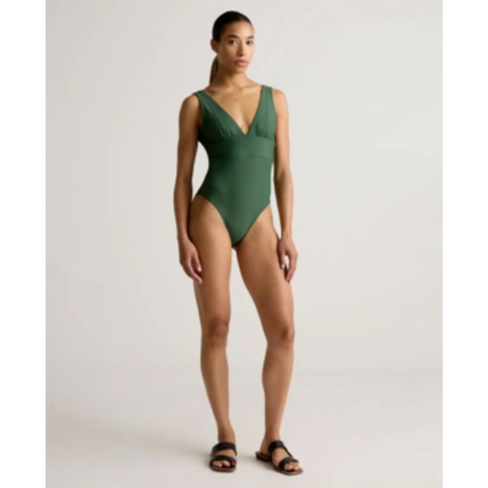 Quince Italian Plunge One Piece Swimsuit Large Palm NWT